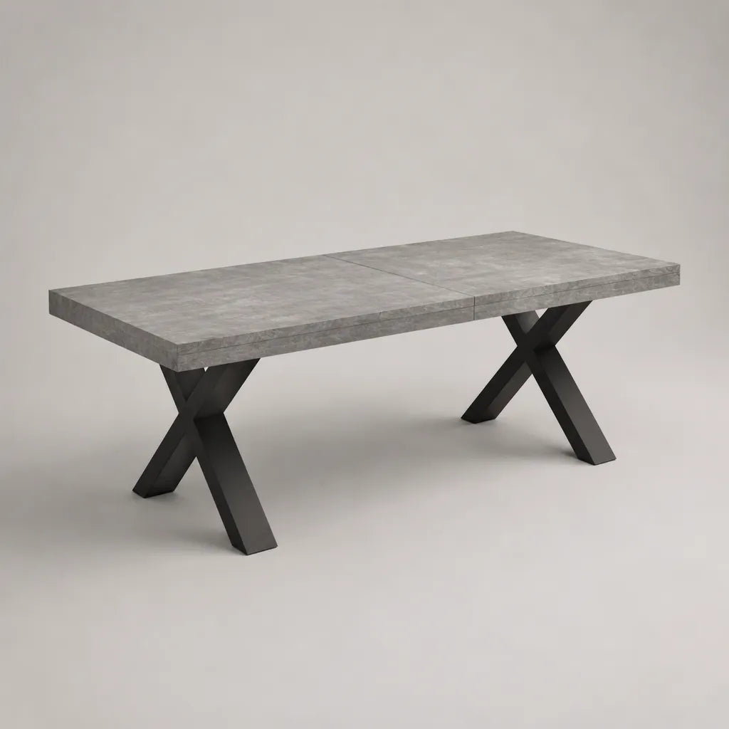 Tavolo da pranzo estensibile rettangolare in MDF effetto cemento grigio melamina e acciaio nero, da 160 a 200 × 90 × 76 cm