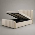 Scatola matrimoniale letto in velluto poliestere beige e acciaio, letto scivolo, letto 160 × 200 cm, dimensioni 218 × 182 × 120 cm