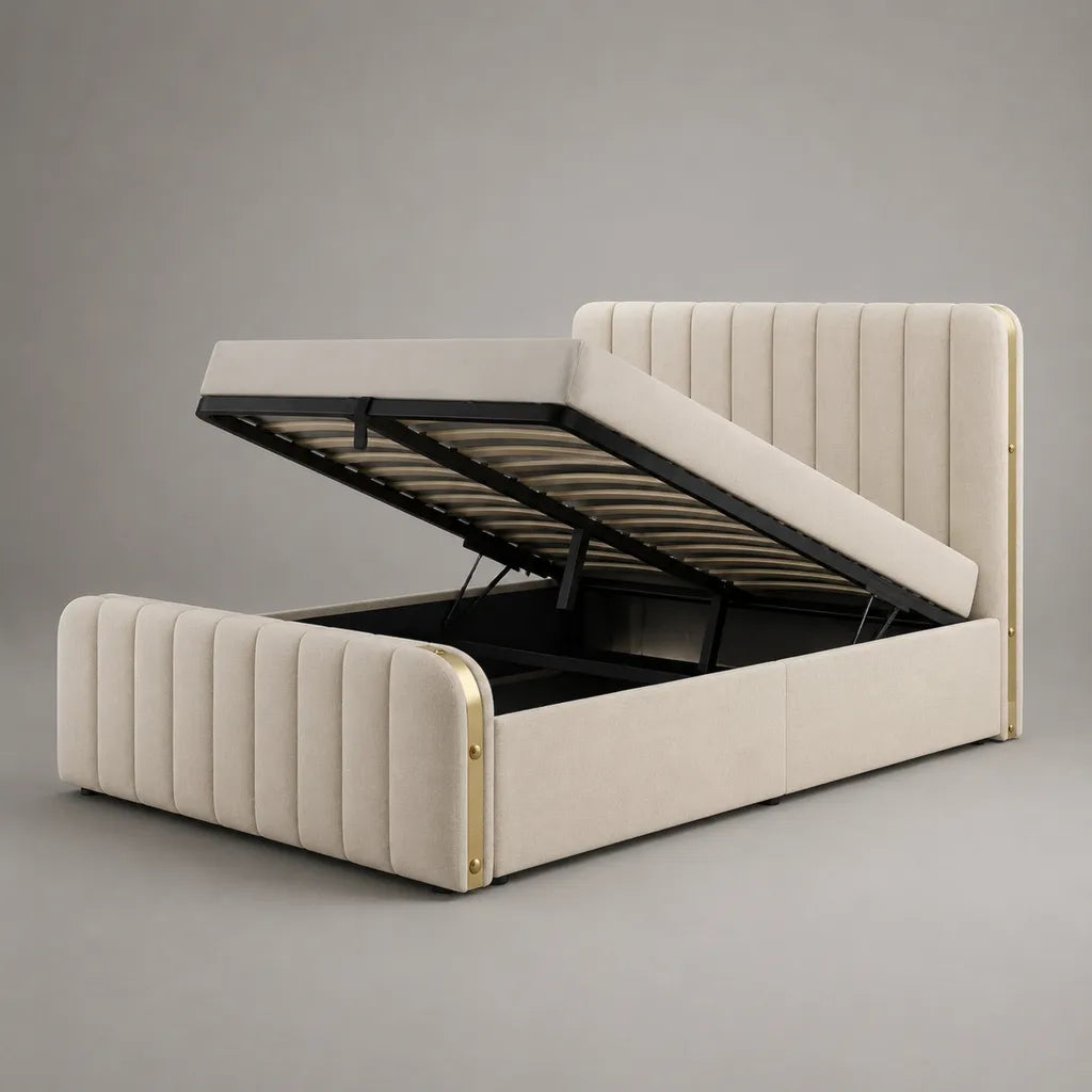 Scatola matrimoniale letto in velluto poliestere beige e acciaio, letto scivolo, letto 160 × 200 cm, dimensioni 218 × 182 × 120 cm