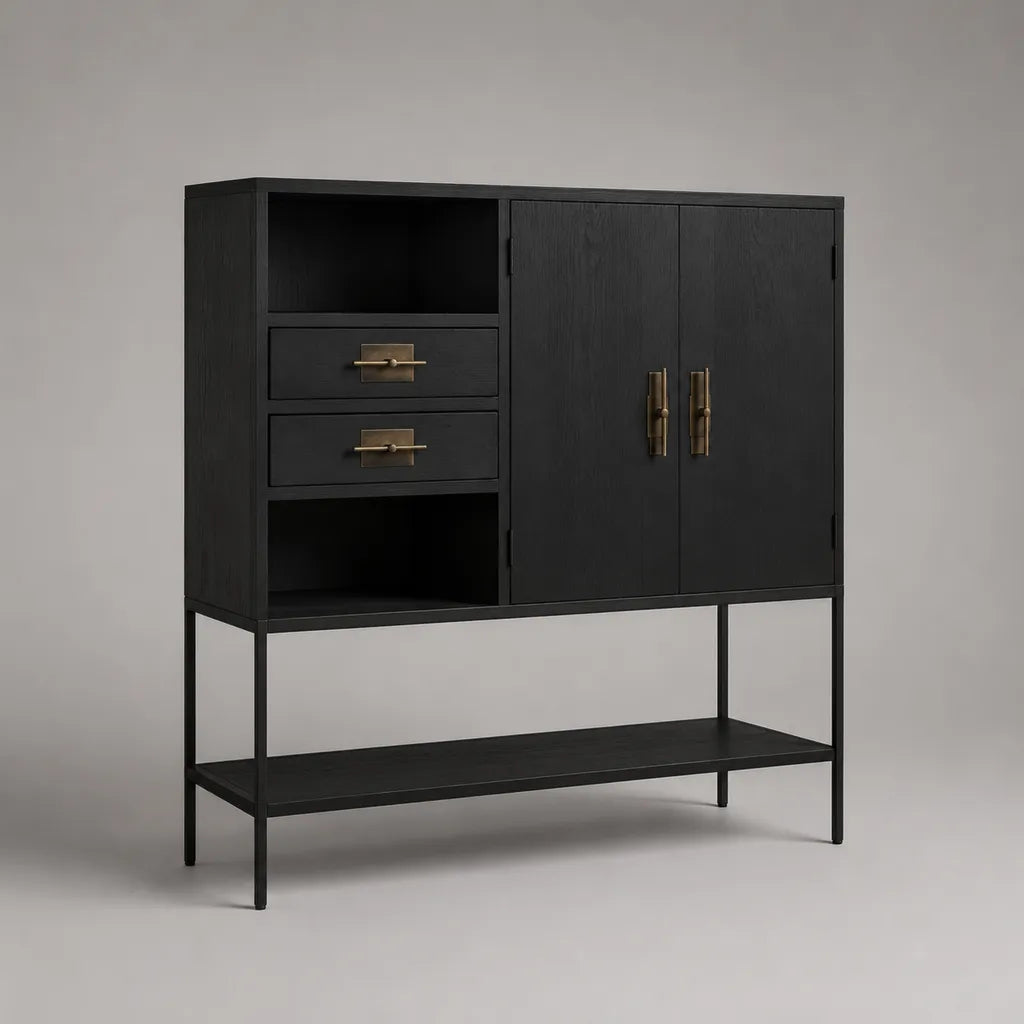 Buffet rettangolare alto in frassino e acciaio placcato MDF, ottone nero e invecchiato, 110 × 40 × 140 cm