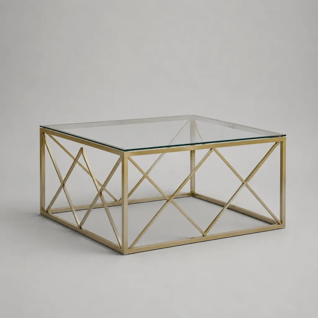Tavolo basso quadrato in vetro e acciaio oro, 80 × 80 × 45 cm