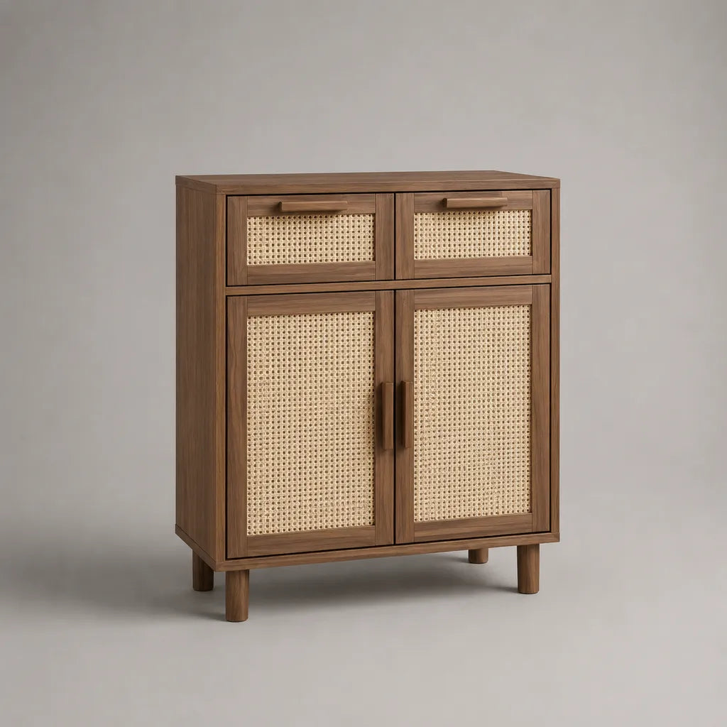 2 porte e 2 cassetti alti buffet in noce MDF placcato e in scatola in rottano, marrone e beige, 80 × 40 × 100 cm