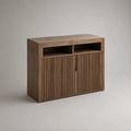 Buffet di stoccaggio rettangolare in legno massiccio marrone, 2 porte e 2 nicchie, 120 × 40 × 90 cm