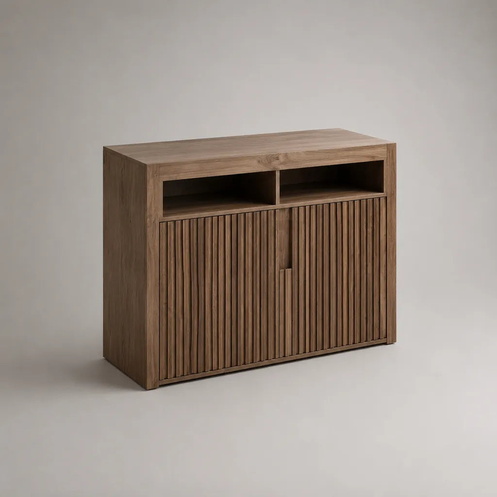 Buffet di stoccaggio rettangolare in legno massiccio marrone, 2 porte e 2 nicchie, 120 × 40 × 90 cm