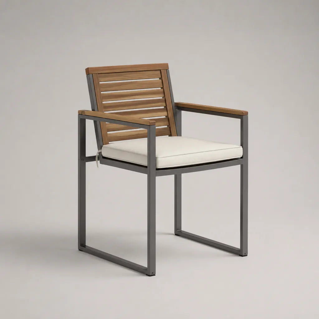 Sedia esterna in acciaio e legno massello con braccioli e cuscino, marrone, antracite e grigio ecru, 59 × 60 × 86 cm