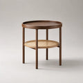 Tavolo rotondo in eva massiccia con ripiano in rattan, marrone noce e naturale, 55 × 55 × 60 cm