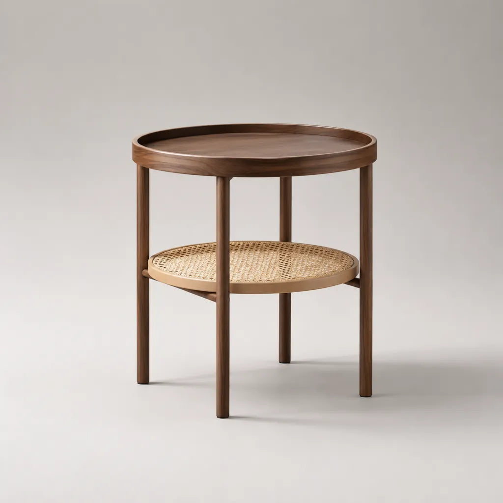 Tavolo rotondo in eva massiccia con ripiano in rattan, marrone noce e naturale, 55 × 55 × 60 cm