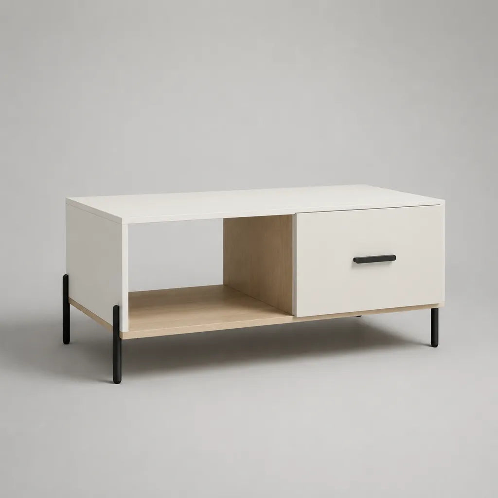 Tavolino rettangolare con cassetto e nicchia in legno e metallo, bianco, rovere chiaro e nero, 100 × 50 × 45 cm