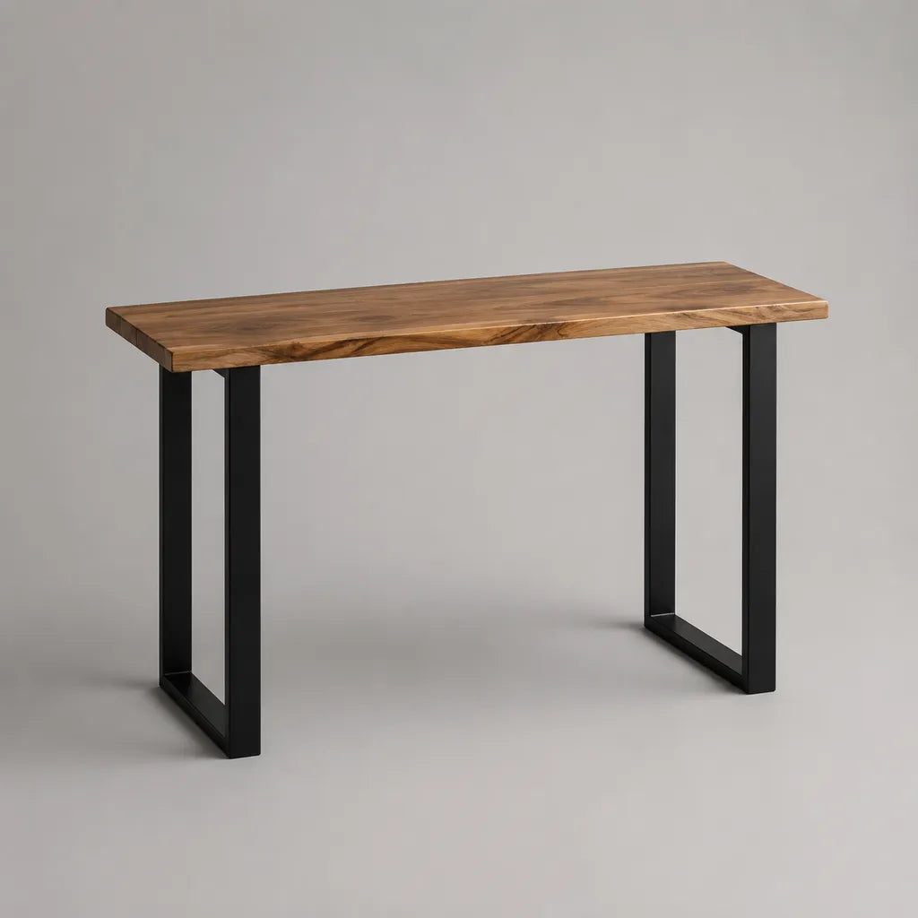 Tavolo da pranzo rettangolare in acacia massiccia e acciaio nero, 140 × 60 × 75 cm