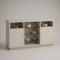 Armadio rettangolare in legno, metallo e vetro, bianco rotto, 140 × 40 × 90 cm