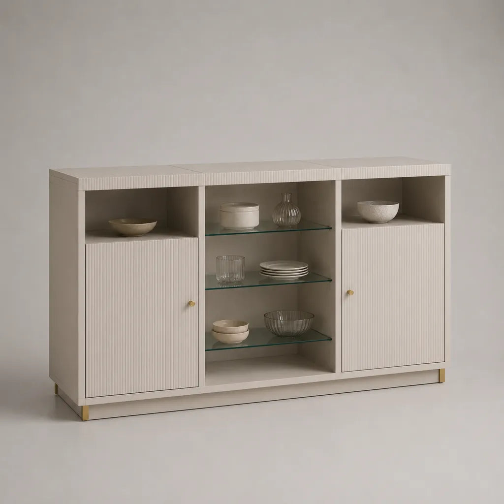 Armadio rettangolare in legno, metallo e vetro, bianco rotto, 140 × 40 × 90 cm