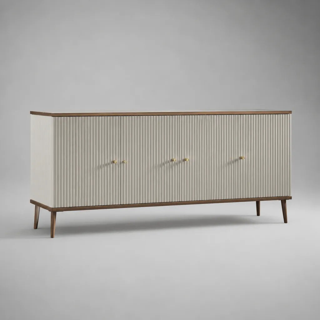 Unità di stoccaggio rettangolare avorio e noce a 5 porte in noce placcato MDF, 180 × 42 × 78 cm