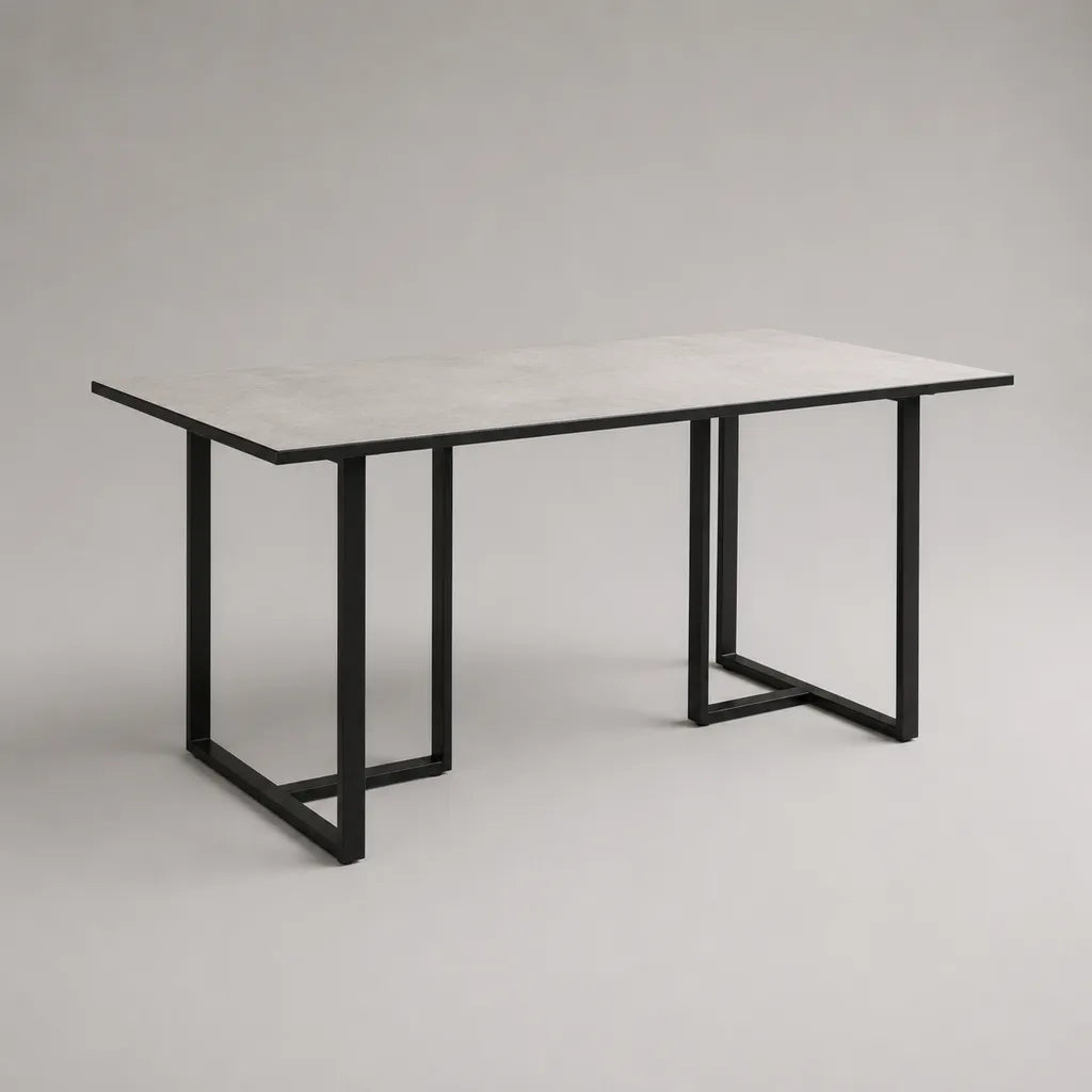 Tavolo da pranzo rettangolare a 6 posti in MDF e acciaio, cemento grigio e nero, 160 × 80 × 75 cm