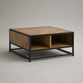 Tavolino quadrato con contenitore in MDF impiallacciato rovere e acciaio nero, 80 × 80 × 45 cm, rovere marrone e nero