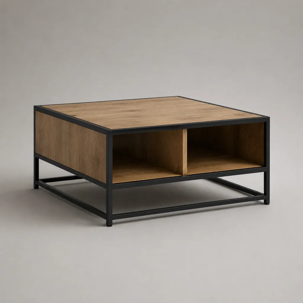 Tavolino quadrato con contenitore in MDF impiallacciato rovere e acciaio nero, 80 × 80 × 45 cm, rovere marrone e nero