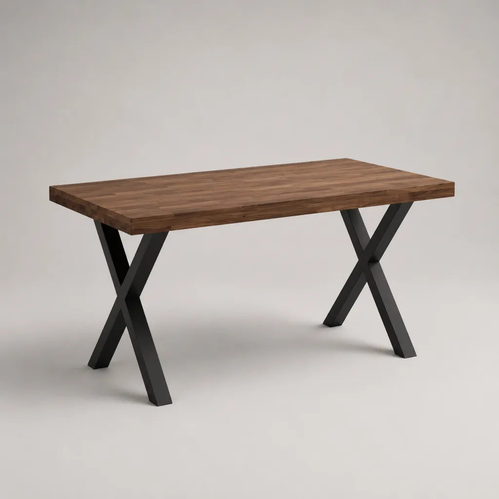 Tavolo rettangolare in acacia massiccia e acciaio, marrone noce e nero opaco, 140 × 80 × 76 cm