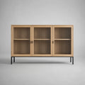 Armadio rettangolare a 3 porte in vetro righe, legno e acciaio nero, rovere naturale, 150 × 40 × 90 cm