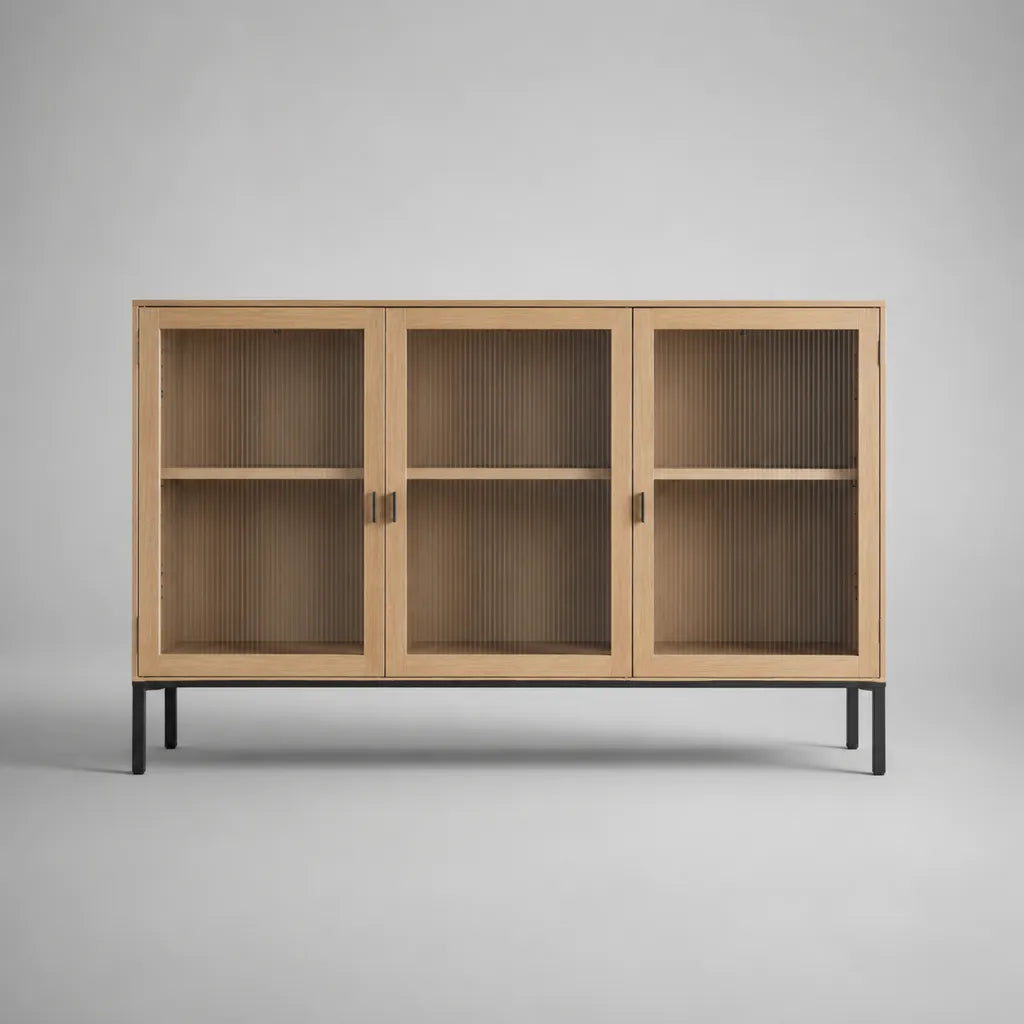 Armadio rettangolare a 3 porte in vetro righe, legno e acciaio nero, rovere naturale, 150 × 40 × 90 cm