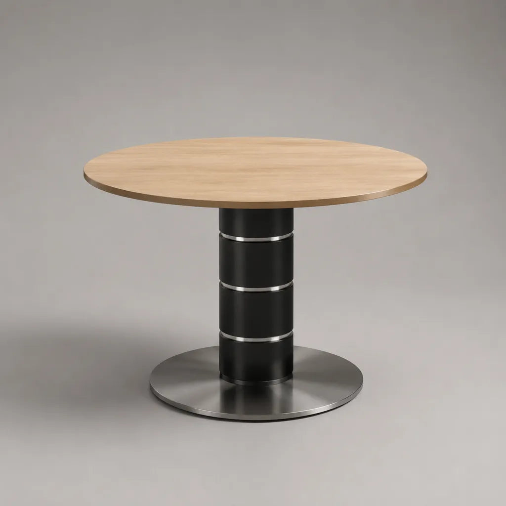 Tavolo da pranzo rotondo in rovere e acciaio placcato MDF, rovere leggero, nero e argento, Ø 100 × H 75 cm
