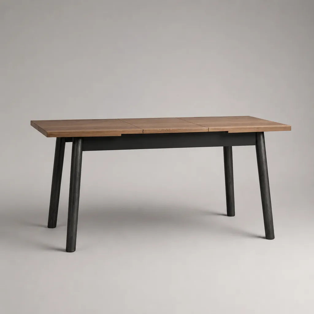 Tavolo da pranzo estensibile rettangolare in acacia massiccia marrone e nero, 160-200 × 90 × 76 cm