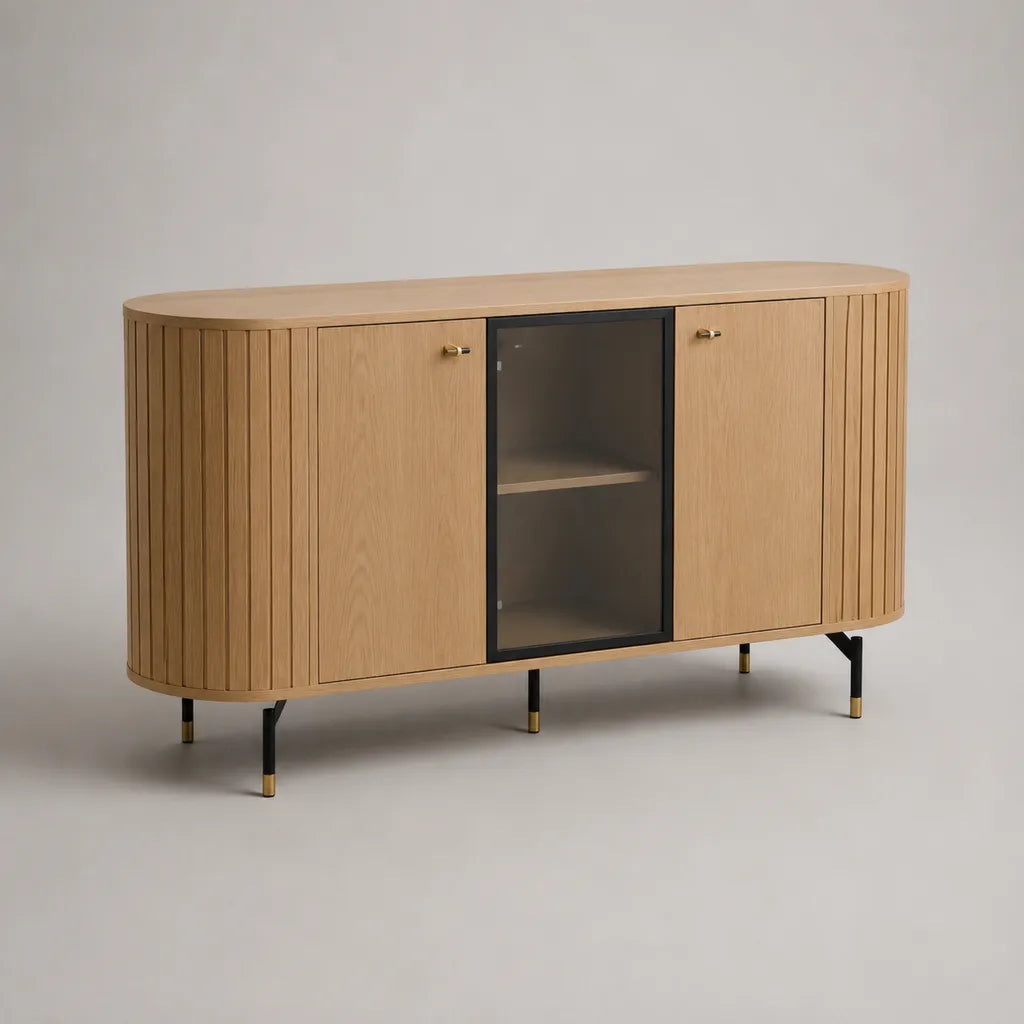 Armadio a 3 porte in rovere placcato MDF e vetro affumicato, rovere leggero, nero e ottone, 160 × 40 × 85 cm