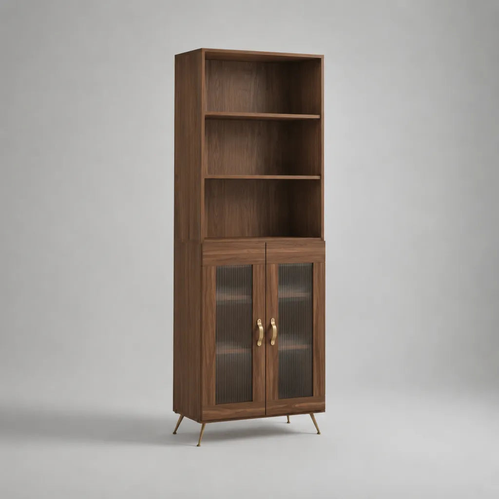 Alta rettangolare MDF placcato noce nero e vetro affumicato, 2 porte, 2 cassetti e 4 ripiani, 80 × 35 × 190 cm